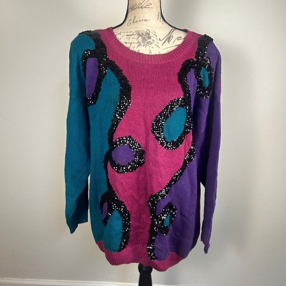 Vintage Studio C Sequin Colorblock Sweater Womens 2X Ramie Cotton Knit 80s 90s